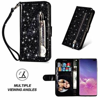 Samsung S10 Plus Glitter Hoesje Met Pasjeshouder Bookcase Zwart