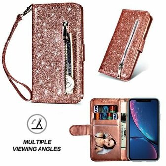 iPhone XR Glitter Hoesje Met Pasjeshouder Bookcase Rose Goud