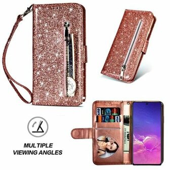 Samsung S10 Lite Glitter Hoesje Met Pasjeshouder Bookcase Rose Goud