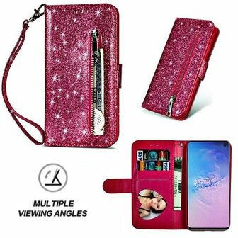 Samsung S10 Glitter Hoesje Met Pasjeshouder Bookcase Roze