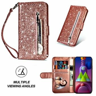 Samsung A51 Glitter Hoesje Met Pasjeshouder Bookcase Rose Goud