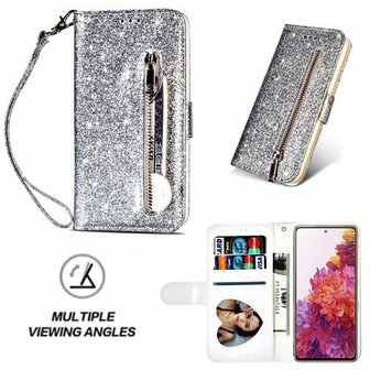 Samsung S20 FE Glitter Hoesje Met Pasjeshouder Bookcase Zilver