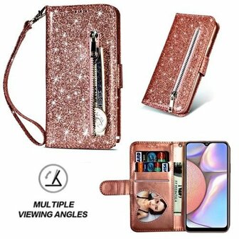 Samsung A10s Glitter Hoesje Met Pasjeshouder Bookcase Rose Goud