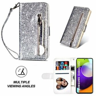 Samsung A52 5G Glitter Hoesje Met Pasjeshouder Bookcase Zilver