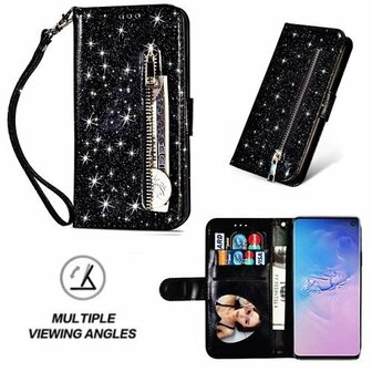 Samsung S10 Glitter Hoesje Met Pasjeshouder Bookcase Zwart