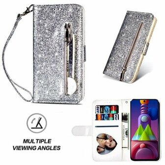 Samsung A51 Glitter Hoesje Met Pasjeshouder Bookcase Zilver