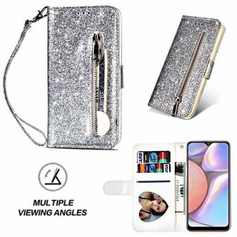 Samsung A10s Glitter Hoesje Met Pasjeshouder Bookcase Zilver