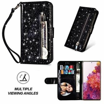 Samsung S20 FE Glitter Hoesje Met Pasjeshouder Bookcase Zwart