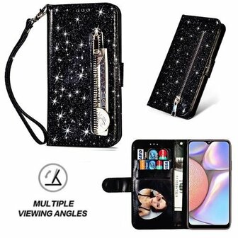 Samsung A10s Glitter Hoesje Met Pasjeshouder Bookcase Zwart