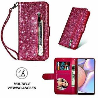 Samsung A10s Glitter Hoesje Met Pasjeshouder Bookcase Roze