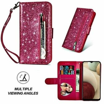 Samsung A12 Glitter Hoesje Met Pasjeshouder Bookcase Roze