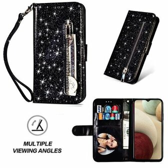 Samsung A12 Glitter Hoesje Met Pasjeshouder Bookcase Zwart