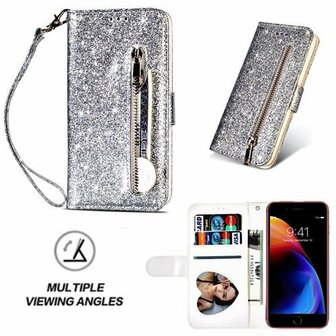 iPhone 8 Glitter Hoesje Met Pasjeshouder Bookcase Zilver