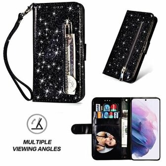 Samsung S21 Glitter Hoesje Met Pasjeshouder Bookcase Zwart