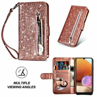 Samsung A32 4G Glitter Hoesje Met Pasjeshouder Bookcase Rose Goud