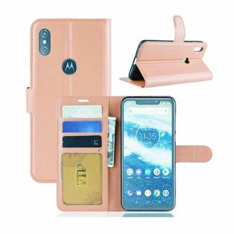 Motorola One Vision Hoesje Met Pasjeshouder Bookcase Rose Goud