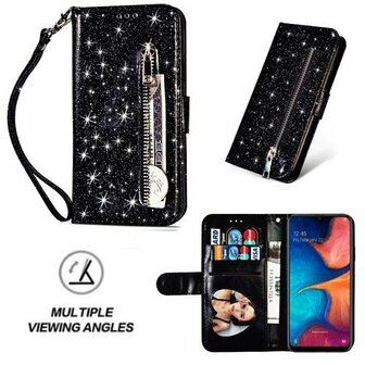 Samsung A20e Glitter Hoesje Met Pasjeshouder Bookcase Zwart