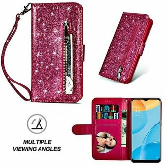 Oppo A15 Glitter Hoesje Met Pasjeshouder Bookcase Roze