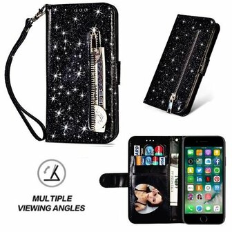 iPhone 7 Glitter Hoesje Met Pasjeshouder Bookcase Zwart