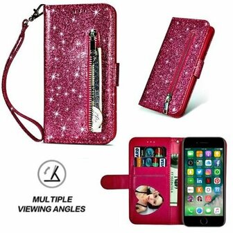 iPhone 7 Glitter Hoesje Met Pasjeshouder Bookcase Roze