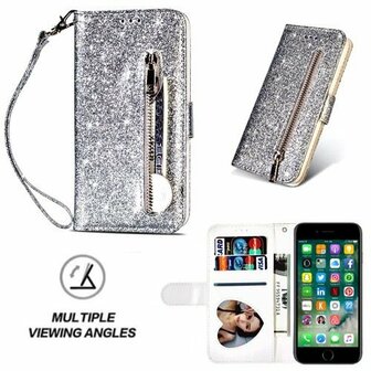 iPhone 7 Glitter Hoesje Met Pasjeshouder Bookcase Zilver