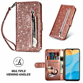 Oppo A15 Glitter Hoesje Met Pasjeshouder Bookcase Rose Goud