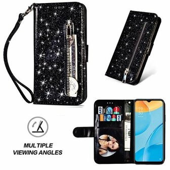 Oppo A15 Glitter Hoesje Met Pasjeshouder Bookcase Zwart