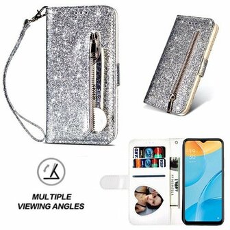 Oppo A15 Glitter Hoesje Met Pasjeshouder Bookcase Zilver