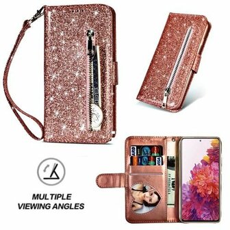 Samsung S20 FE Glitter Hoesje Met Pasjeshouder Bookcase Rose Goud