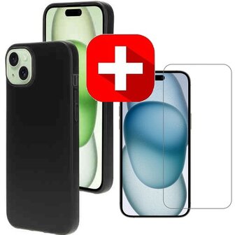 iPhone 15 Hoesje Siliconen Zwart + Screenprotector