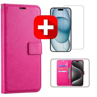 iPhone 15 Hoesje Met Pasjeshouder Roze + Screenprotector