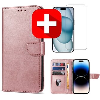 iPhone 15 Hoesje Met Pasjeshouder Rose Goud + Screenprotector